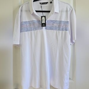 Travis Mathew White Polo with Blue Stripes